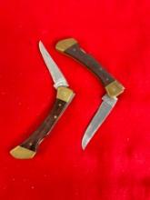 Pair of Vintage Frontier Folding Blade Pocket Knives - Brass & Wood - See pics