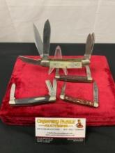 4 Folding Pocket Knives, 3x Double Blade, Boker, Buck 303, another unmarked, MOP Handle multitool