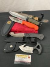 4x Fixed Blade Knives, Camco Guthook, Trophy Hunter, Blackie Collins Gut Zipper, Muela Survival