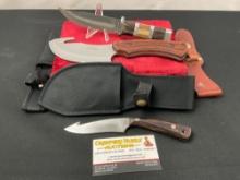 3x Fixed Blade Knives, Rite Edge Big Game Guthook & Tricolor handle Hunting knife, Small Swoop