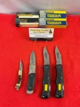 4 pcs Schrade Steel Folding Blade Pocket Knives Models 2x TM5, LB2 & SMEDGB. NIB. See pics.