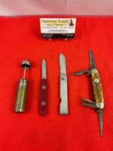 4 pcs Vintage Scout Camping Tools Assortment. 3x Folding Blade Knives & 1x Match Holder. As Is. See