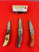 3 pcs Modern Winchester Steel Folding Blade Pocket Knives w/ Wood Handles. No Model #s. See pics.