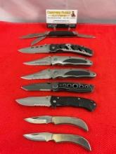 8 pcs Modern Winchester Steel Folding Blade Pocket Knife Assortment. No Model Numbers. See pics.