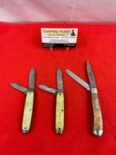 3 pcs Steel Folding 2-Blade Pocket Knives w/ Resin Handles, 2x Vintage The Ideal, 1x Imperial. See