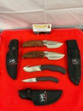 4 pcs Modern Steel Fixed Blade Hunting Knives in Sheathes. 2x Buck 480, 2x Browning. RMEF. See pi...