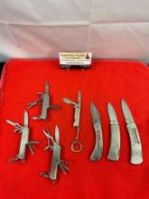 7 pcs Vintage Steel Folding Blade Pocket Knife Assortment. 3x Knives, 4x Multitools. 1x Bear MCG.