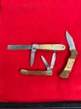 3 pc Folding Blade Pocket Knives w/ Bone & Wood Handles - See pics