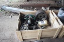 Wooden Crate w/Sprockets, Sheaves, Used Hyd Mtrs, & other Related Items