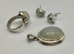 3 Piece Silver & Stone Set: Pendant - 1¾" W/ Bezel, Ring-Size 7, Pair Earri