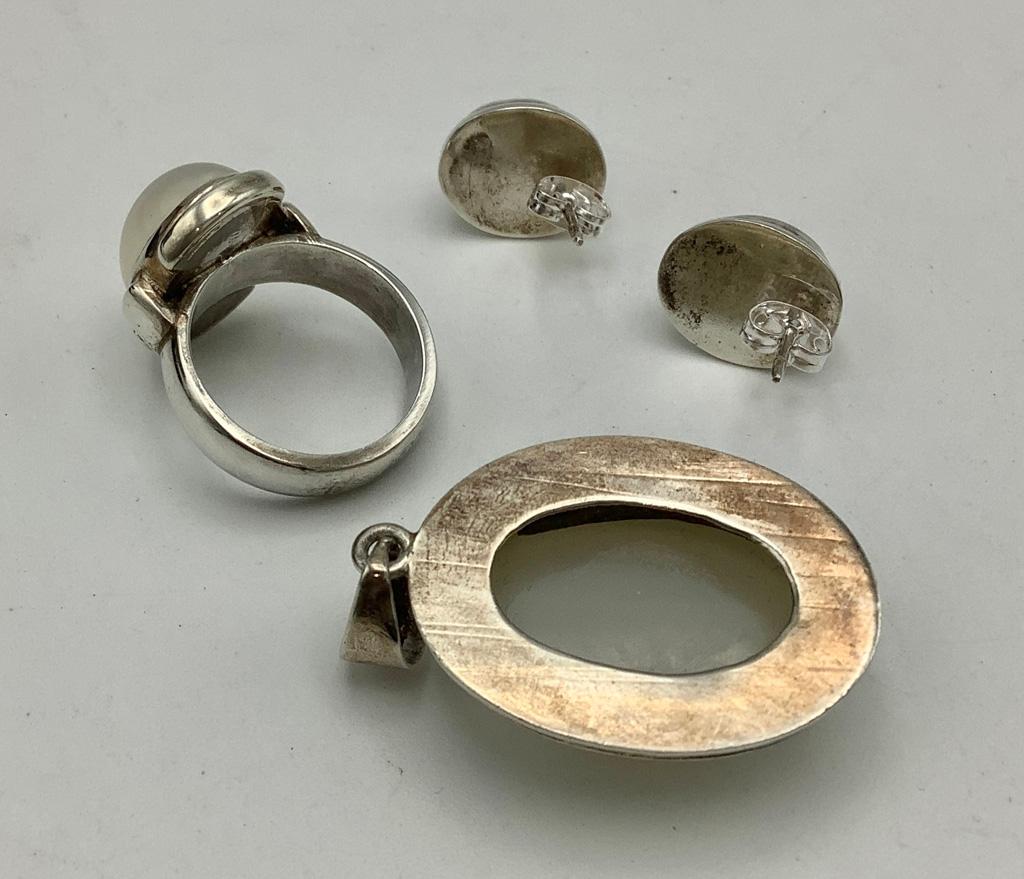 3 Piece Silver & Stone Set: Pendant - 1¾" W/ Bezel, Ring-Size 7, Pair Earri