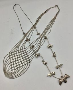 2 Liquid Silver Sterling Necklaces: 1 W/ Sterling Fetishes - 28", 1 W/ Wove