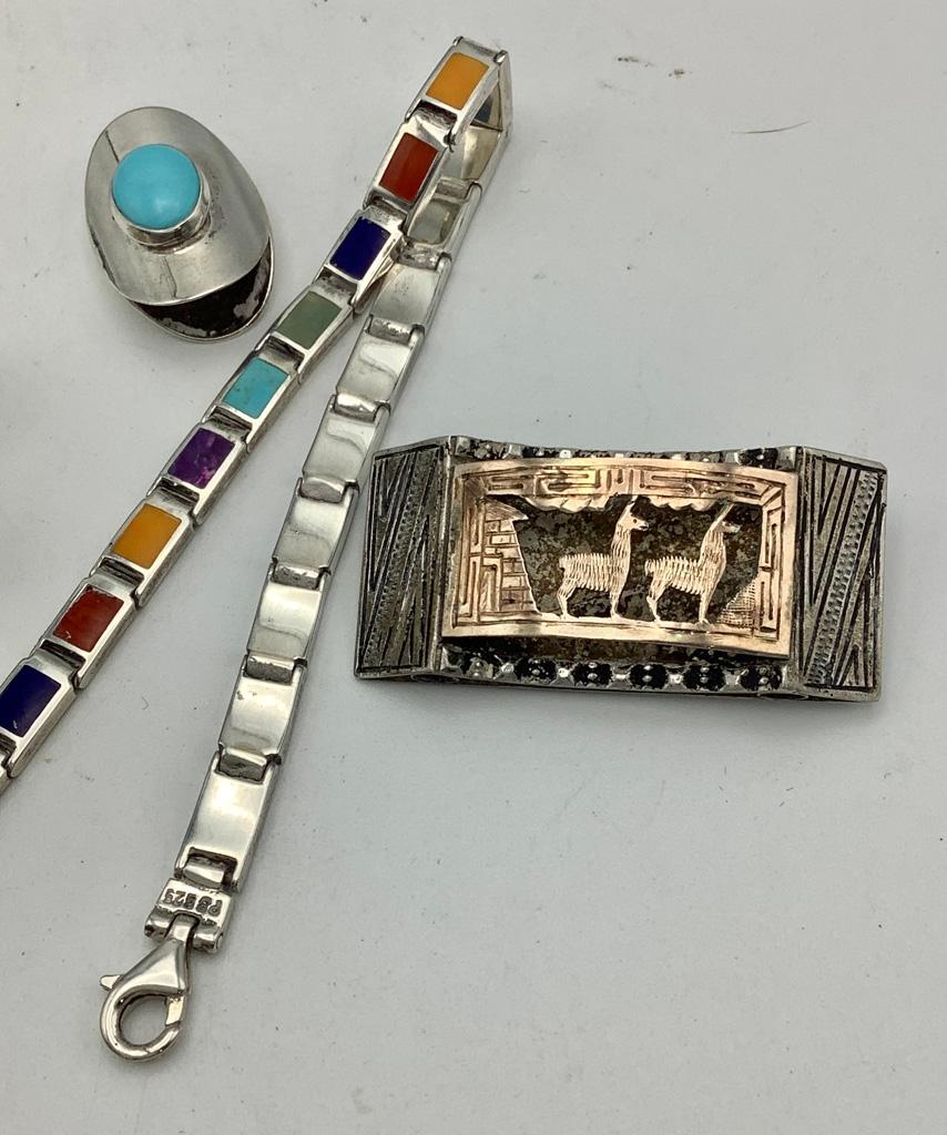 925 & Mexican Silver Bracelet, Slide, Brooch & Charms (0.92 Ozt Total Weigh
