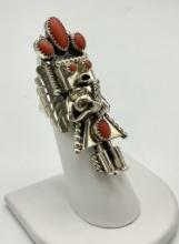 Native American Large Coral & Sterling Signed Kachina Ring - Size 7½ (0.55