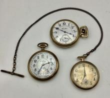 3 Pocket Watches: 2" Santa Fe Special Gold-Filled Watch, Hamilton 10kt Gold
