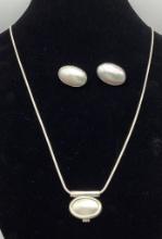 Sterling & Blister Pearl Set: Necklace 28" & Pair Of Earrings (1.29 Ozt Tot