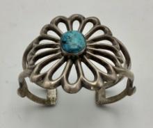 Coin Silver Cuff Bracelet With Turquoise (2.7 Ozt Total Weight)