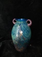 Studio Art Glass Double Handled Vase Accented with Gold Specks
