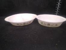 Pair of Glasbake Oval Baking Dishes-Green Daisy