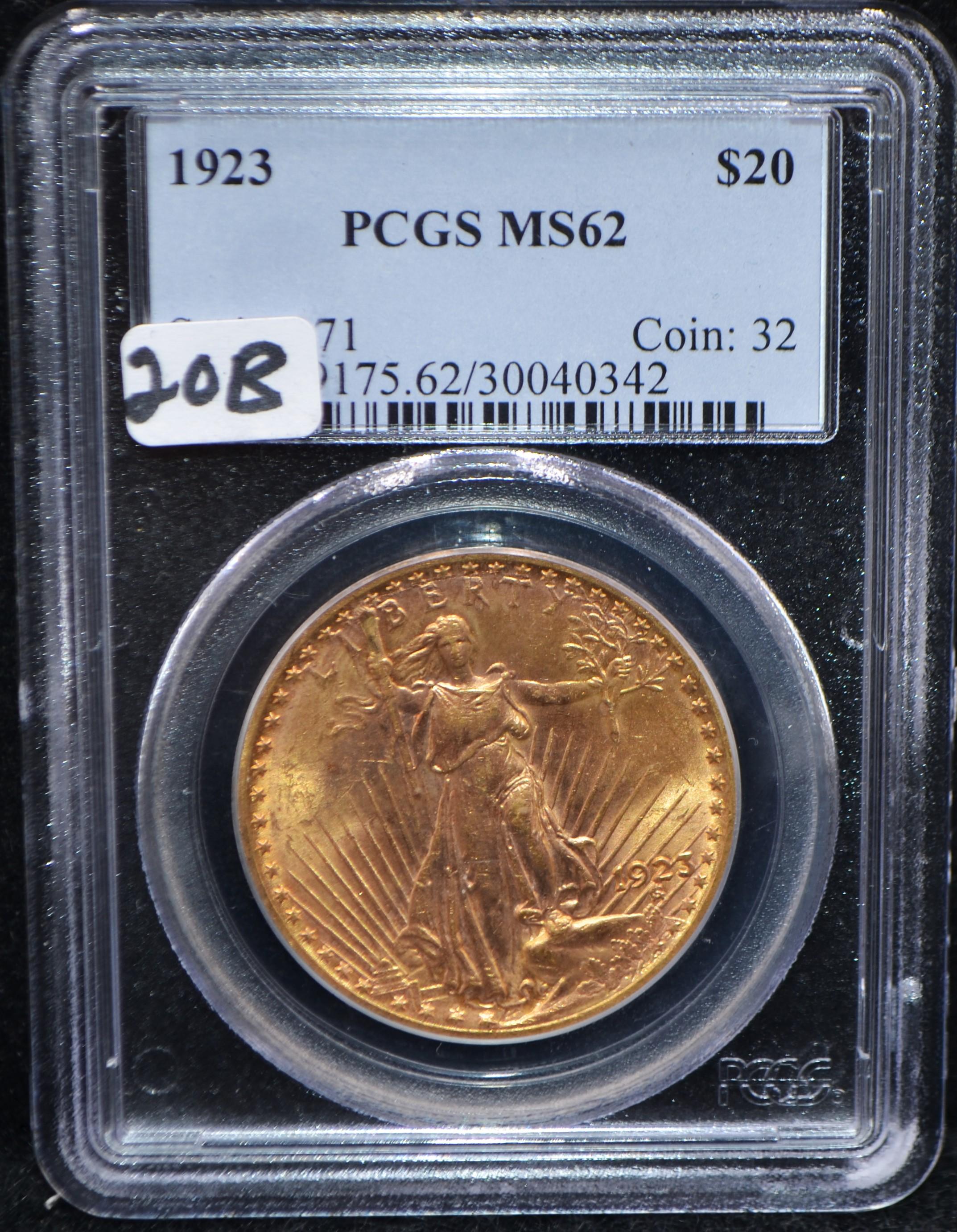 1923 $20 SAINT GAUDENS GOLD COIN - PCGS MS62