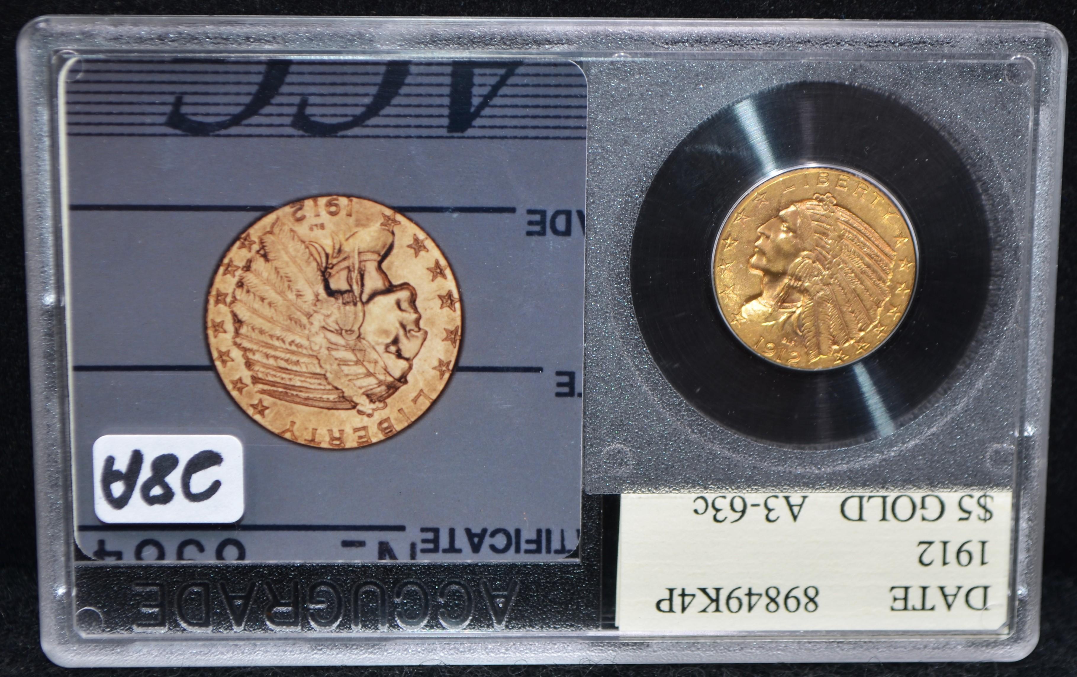 CHOICE 1912 $5 INDIAN GOLD COIN - ACCUGRADE MS63