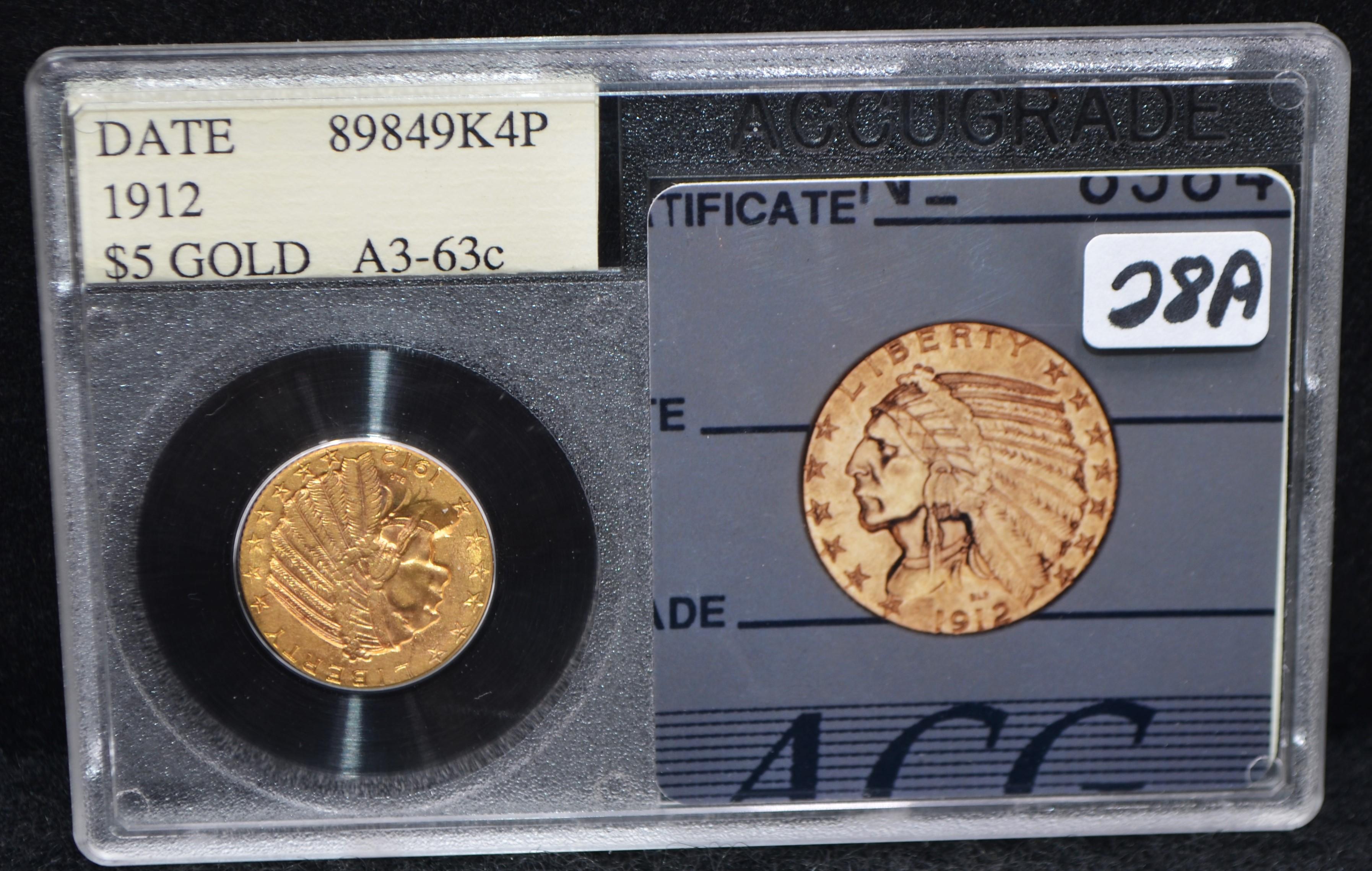 CHOICE 1912 $5 INDIAN GOLD COIN - ACCUGRADE MS63