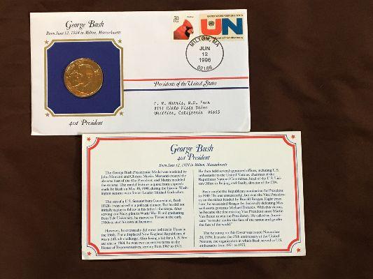 George Bush Presidential Medal With Biography Card