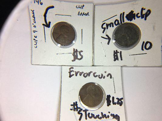 2 SMALL RIM CLIP ERROR COINS PLUS 1954-S WITH THE S TOUCHING THE 5