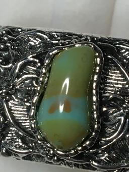 Gorgeous Natural Green Turquoise Center Gemstone Carved Silver Plate