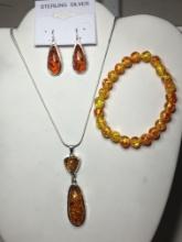 3 P C S A A A Lab Created Golden Amber 2 1/8" Drop Pendant On 18" Silver Chain