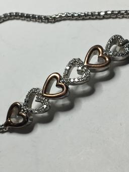 Sterling Silver 925 Vintage 10 Kt Gold Heart Bracelet With Natural White Diamonds 8.5”  8.3+ Grams