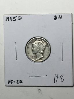 Mercury Silver Dime 1945 D 90% Silver