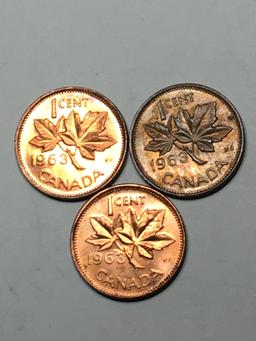 Canada 1 Cent 1963 Lot Of 3 Gem