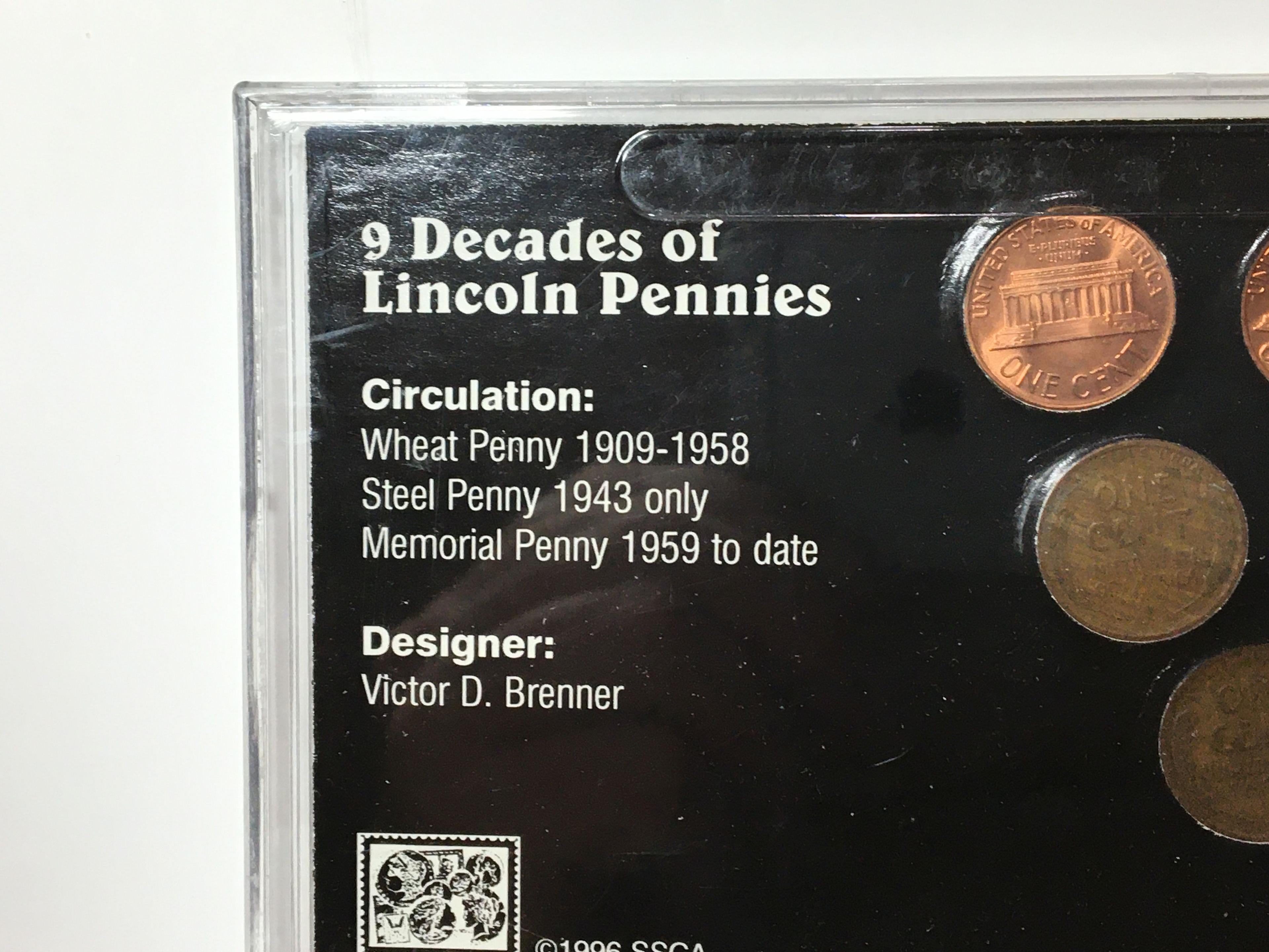 9 Decades Of Lincoln Cents 1918 To 1996 Wheats Steel Copers In Display Case