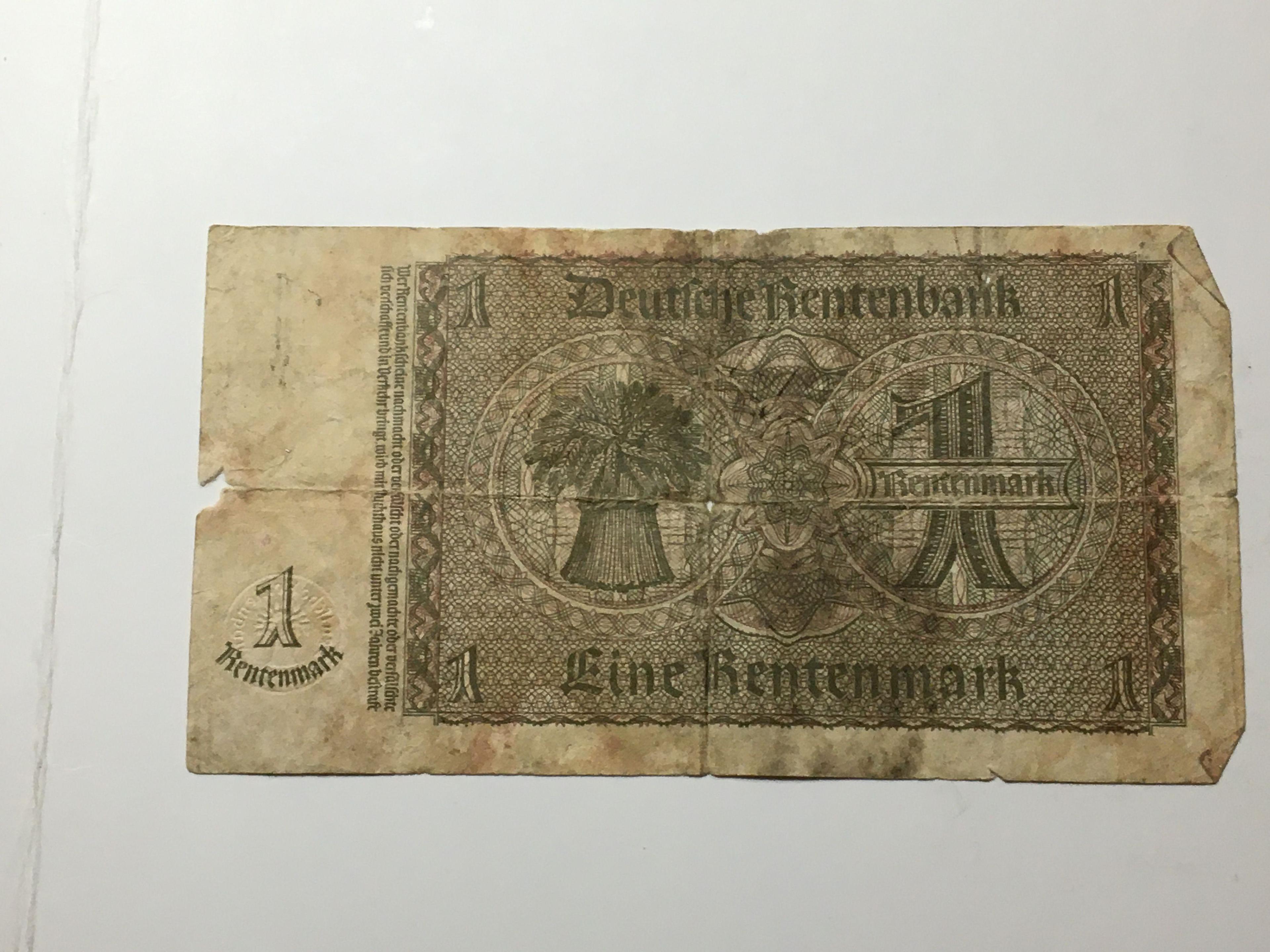 German 1 Rentenmark 1923 Antique Bank Note