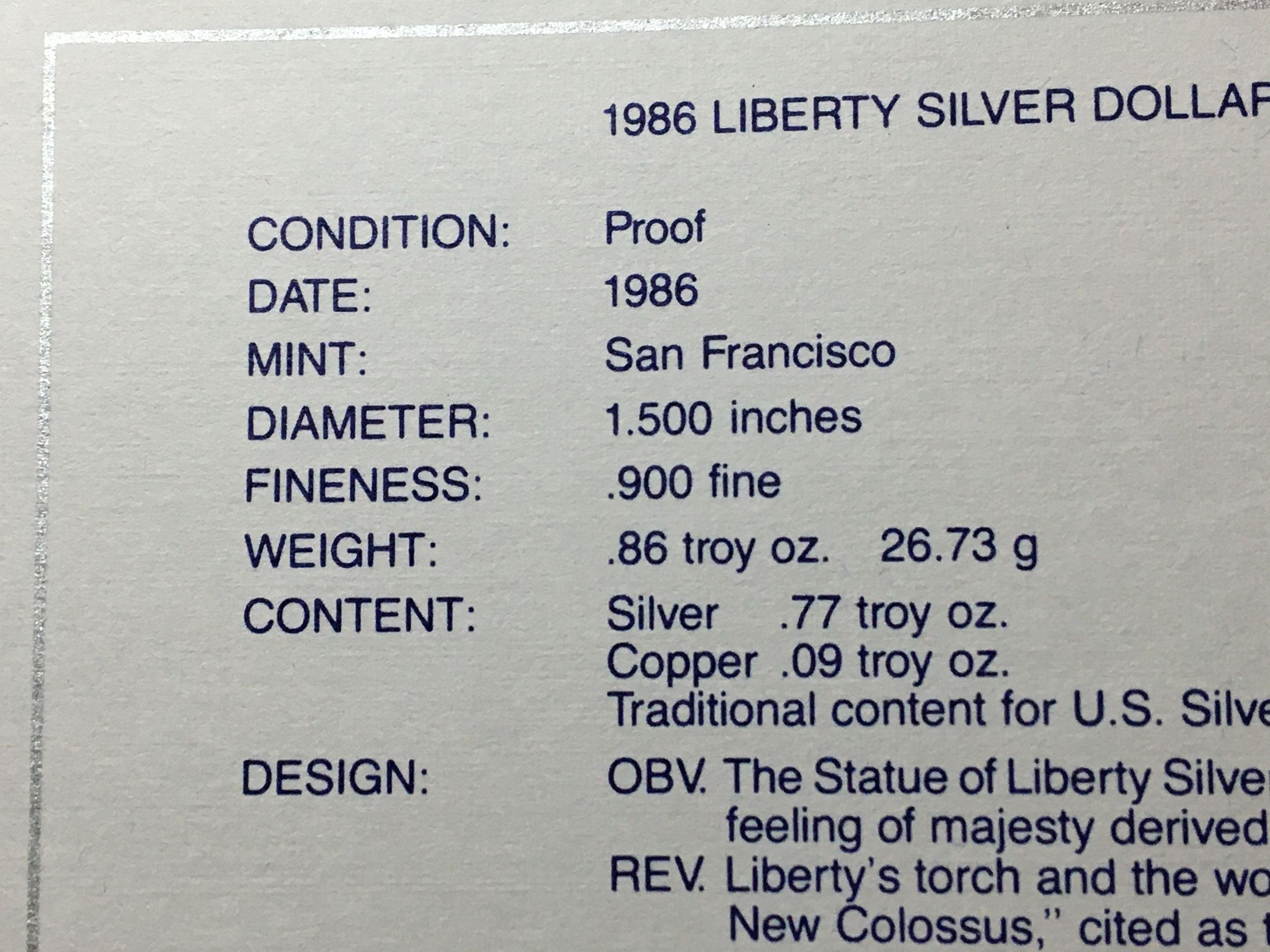 1986 Proof Silver Dollar And Half Dollar Set In Felt Box With C O A Liberty Dollar U S A