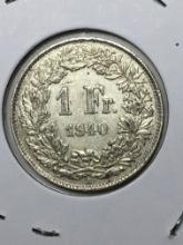 Swiss 1 Franc Silver Coin 1940