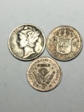 Silver Coin Lot Mercury Dime 1941 Africa 3 Pence Silver And 1938 Silver 25 Ore Coin