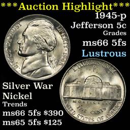***Auction Highlight*** 1945-p Jefferson Nickel 5c ultra clean Grades GEM+ 5fs blazing luster (fc)