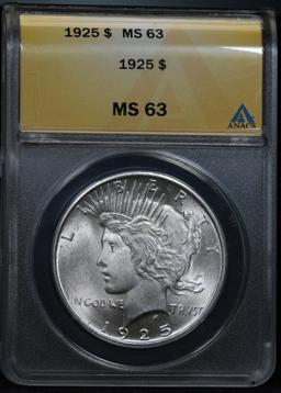 ANACS 1925-p Peace Dollar $1 frosty luster Graded ms63 By ANACS PQ for the grade