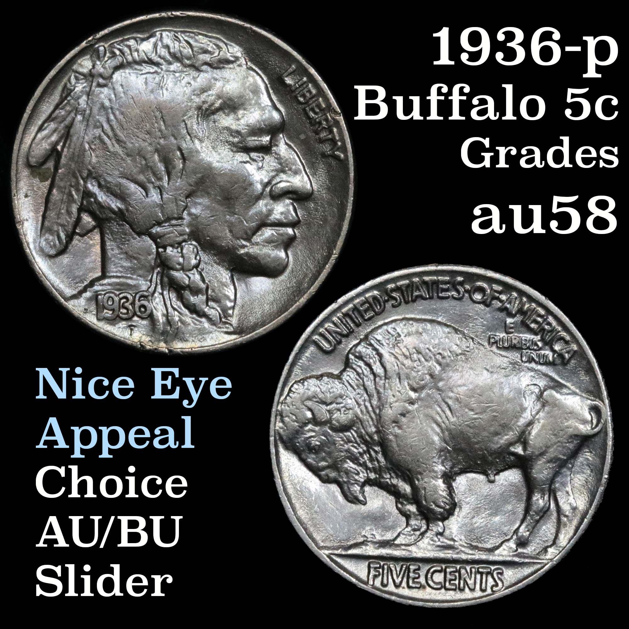Superb color 1936-p Buffalo Nickel 5c Grades Choice AU/BU Slider