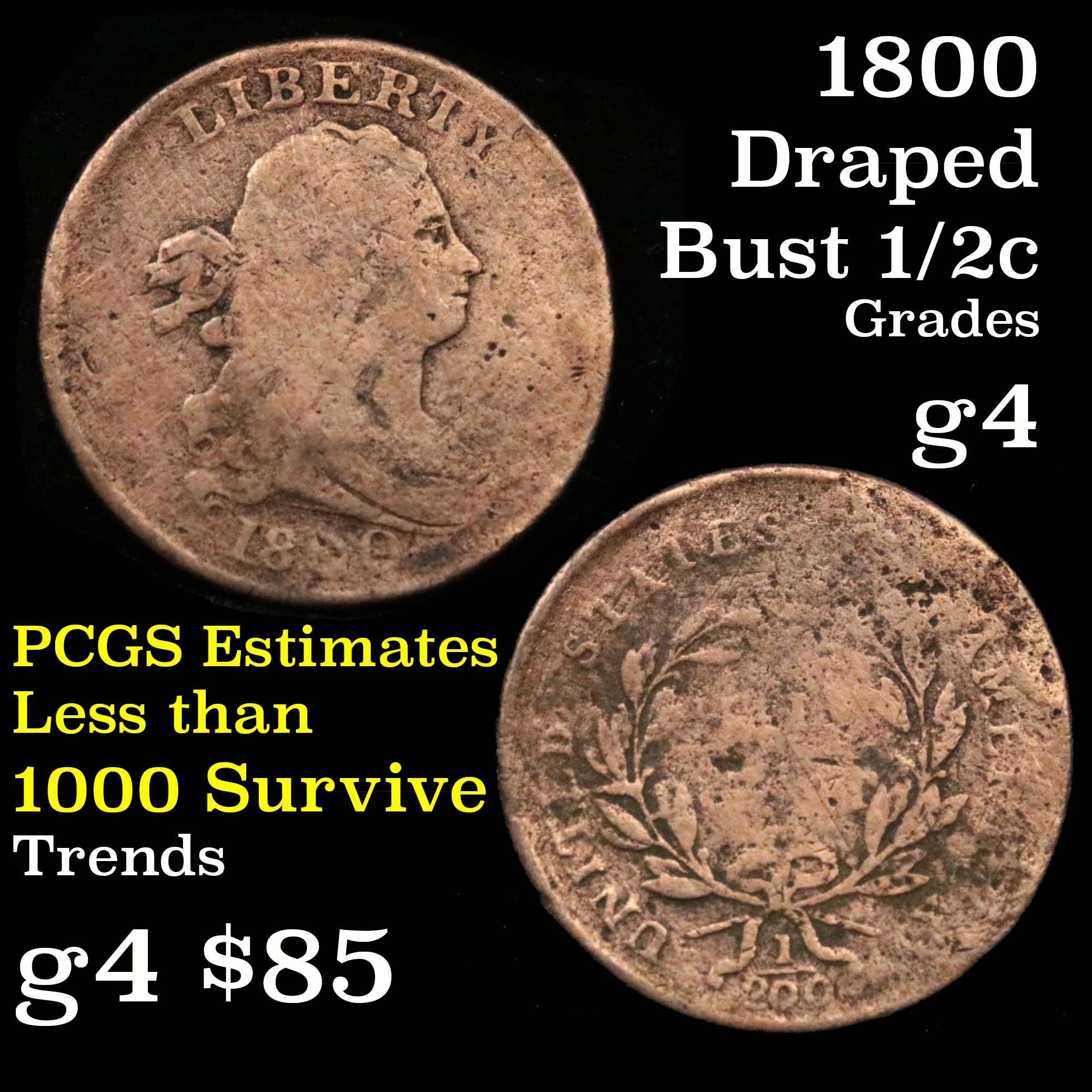 1800 Draped Bust Half Cent 1/2c Grades g, good Early draped bust 1/2 cent