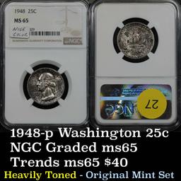 Heavily toned NGC 1948-p Washington Quarter 25c Original mint set example Graded ms65 By NGC