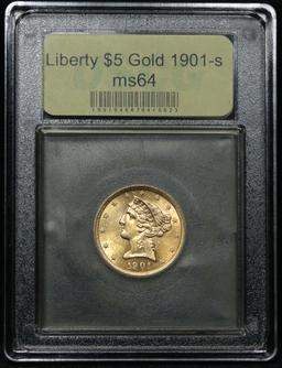 ***Auction Highlight*** Scarce 1901-s Liberty Gold $5 Graded Choice Unc by USCG PQ for grade (fc)
