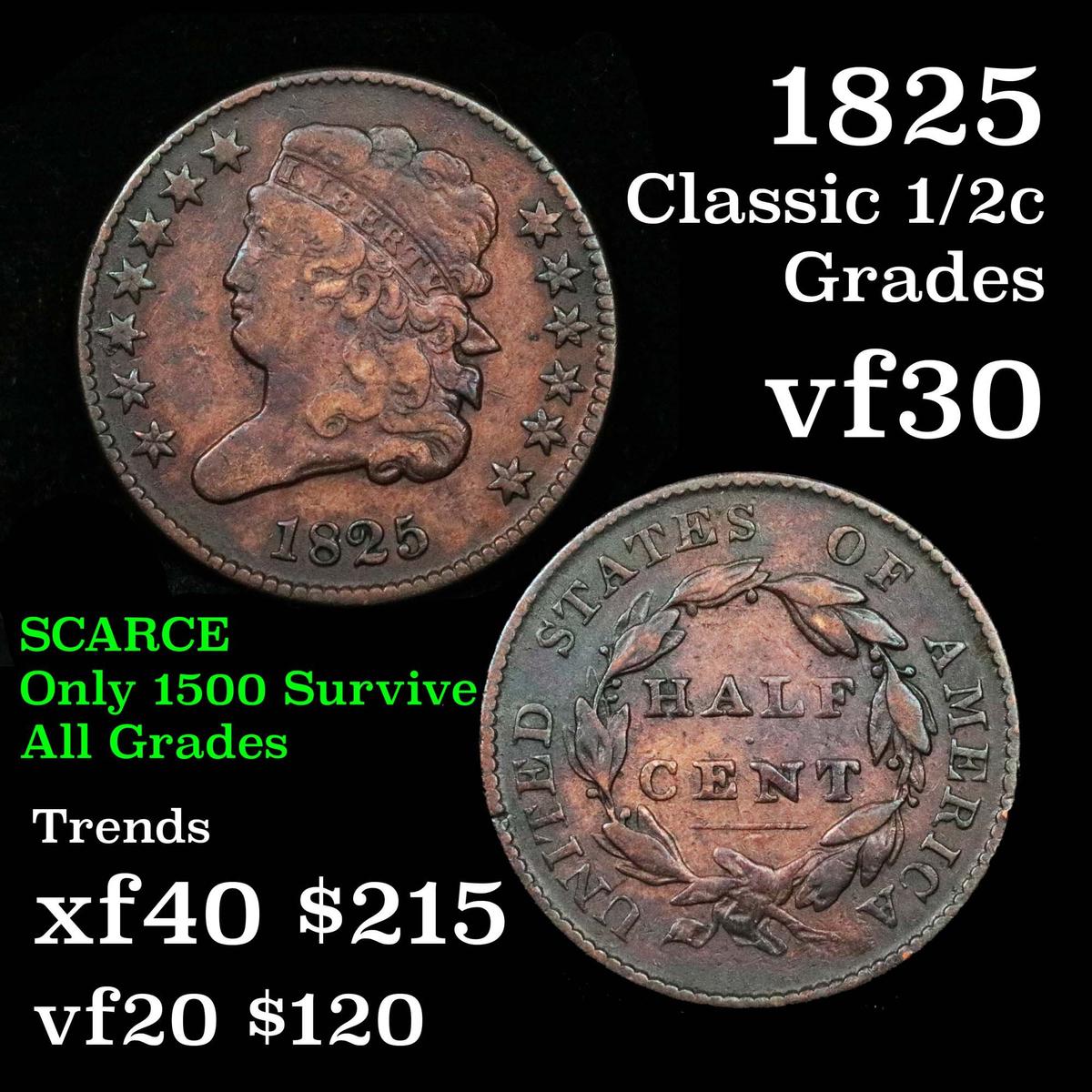 1825 Classic Head half cent 1/2c Grades vf++ nice patina