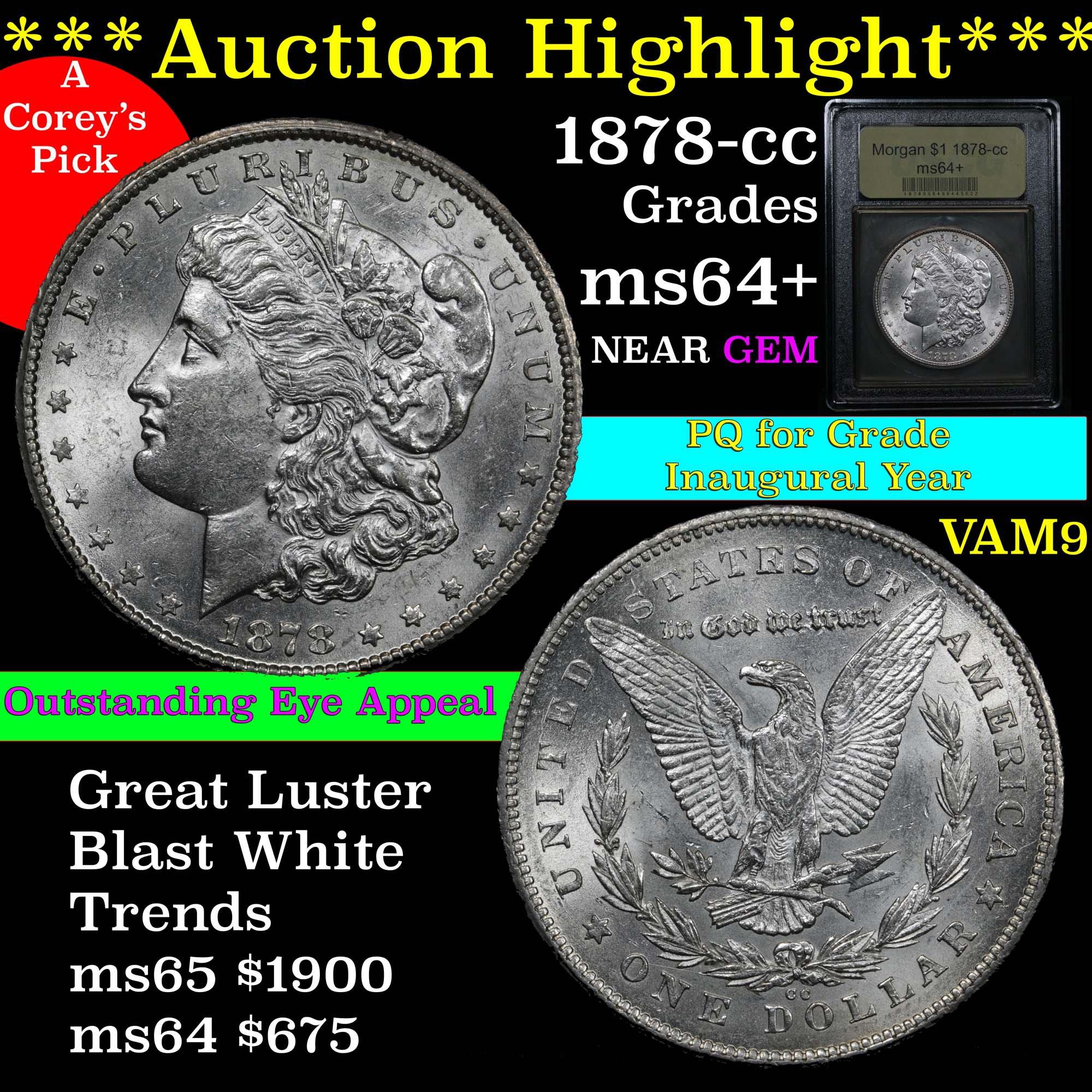 ***Auction Highlight*** Scarce 1878-cc Morgan Dollar $1 Vam 9 Graded Choice+ Unc by USCG PQ (fc)