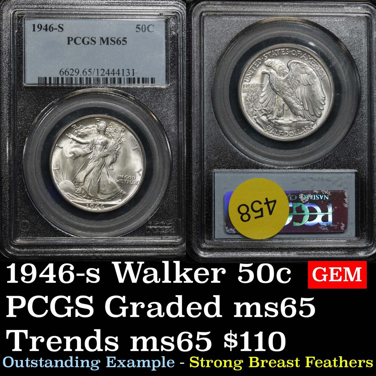 Outstanding PCGS 1946-s Walking Liberty 50c Strong breast feathers Graded ms65 by PCGS PQ for grade