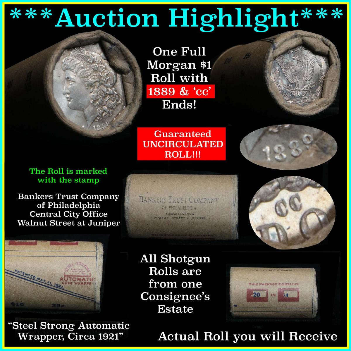 ***Auction Highlight*** Unc Shotgun roll Morgan dollars 1889 & 'cc' mint ends Morgan Dollar $1 (fc)