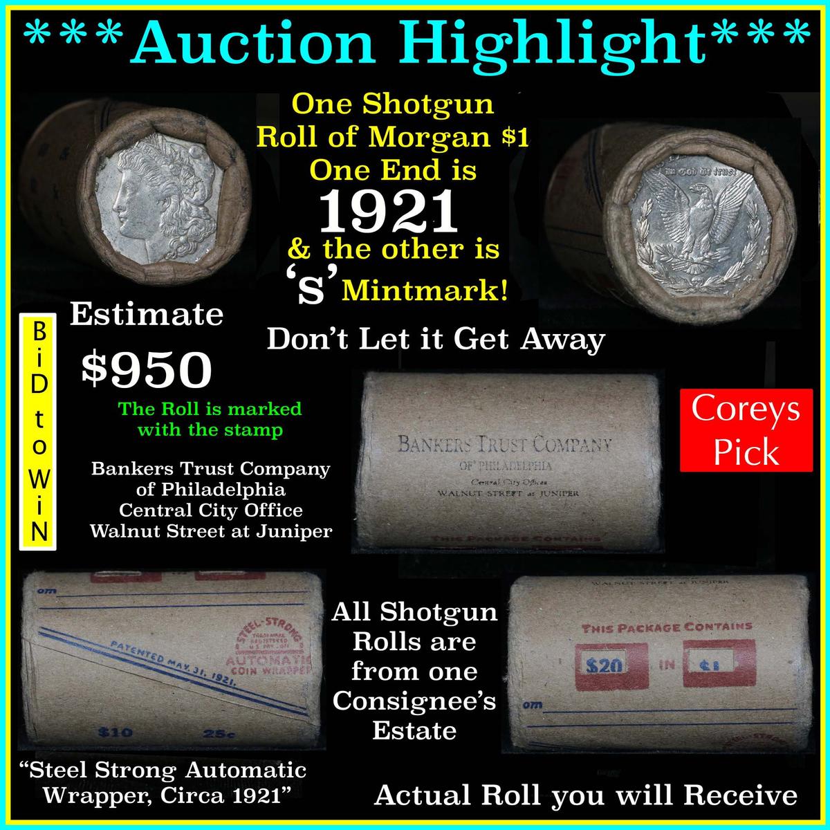 ***Auction Highlight*** Morgan dollar roll ends 1921 & 's', AU/Unc roll (fc)