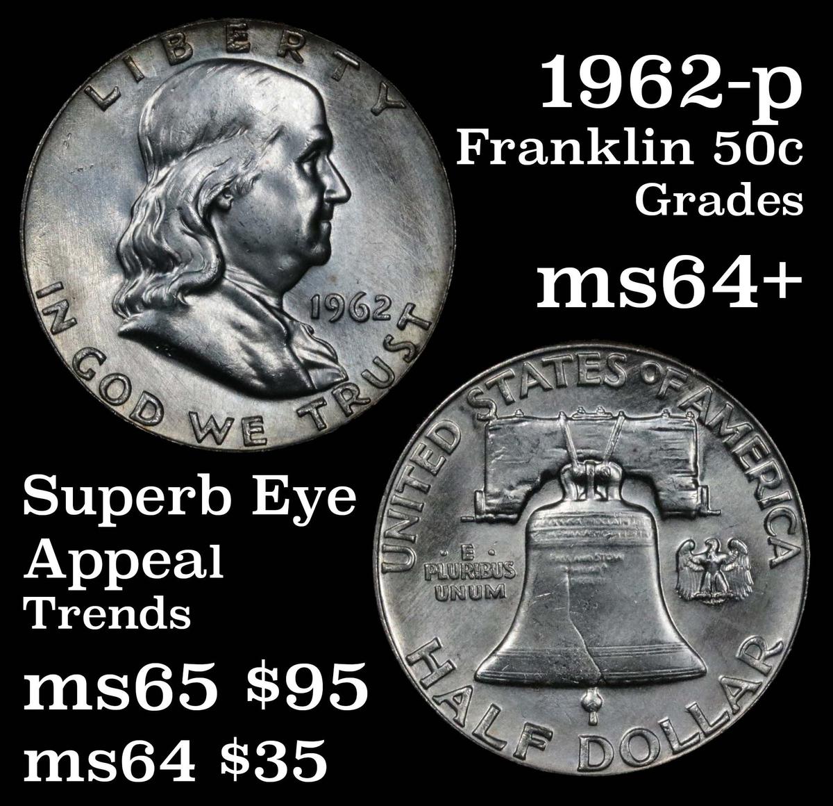 1962-p Franklin Half Dollar 50c Grades Choice+ Unc